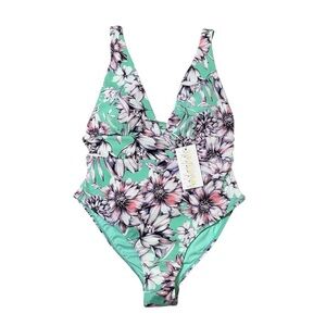 TiniBikini Swimwear XL Aqua Floral Print Deep V Neck One Piece